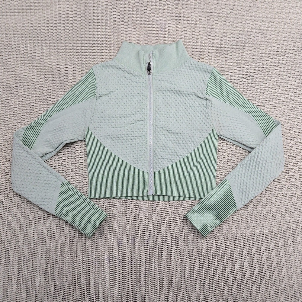 Daisy Jacket Womens Small Green Zip Up Cropped Mock Neck Textured Knit Athletic